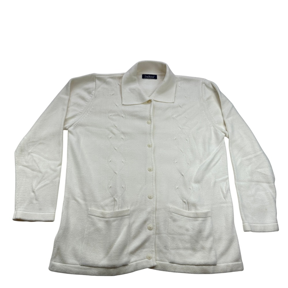 D&Bond Cream‎ Cable Knit Button Front Cardigan Sweater Collared Pockets Large